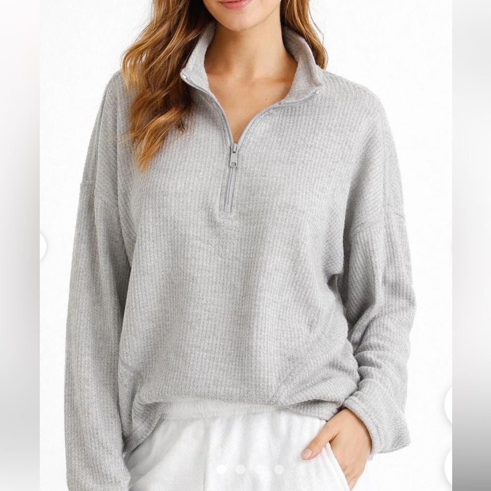 Aerie Light Gray Waffle Knit Quarter-Zip